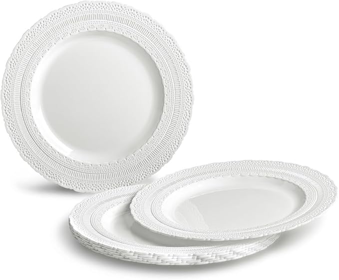 " OCCASIONS " 150pcs set (25 Guests)-Extra Heavyweight Vintage Wedding Disposable/Reusable Plastic Plates (25 x 11'' + 25 x 8.25'') +Silverware (Chateau Collection in White)