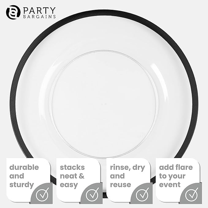 PARTY BARGAINS 13-Inch Charger Plates - 16 Pack, Clear Black Rim, Heavy-Duty Disposable Chargers for Elegant Dining - Ideal for Weddings and Formal Events
