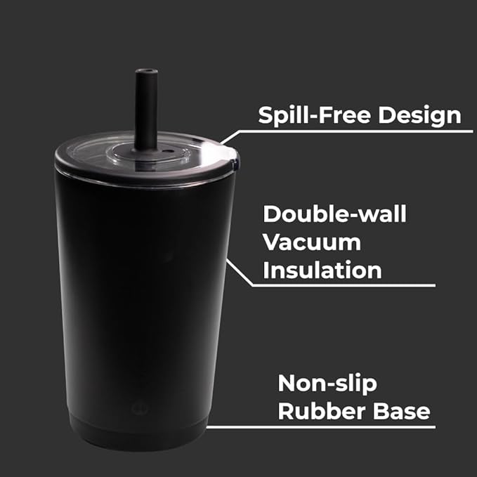 HydroJug Everyday Tumbler 14 oz – Ceramic-Lined Insulated Tumbler with Straw and Soft-Touch Lid, Cup Holder Friendly, Double-Wall Vacuum Insulation, Reusable Travel Cup – Black