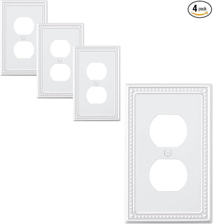 4-Pack Duplex Outlet Cover Plate, Pure White Metal Wall Plates for Electrical Outlets, 1 Gang Receptacle Light Switch Cover, Pearls Decorative Switch Plates and Outlet Covers