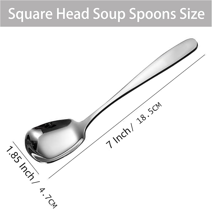 Square Head Soup Spoons, Korean Style Thick Heavy Square Dessert Spoon,Long Handled Stainless Steel Soup Spoons Table Spoons Flat Square Spoon,Set of 4,7 Inches.