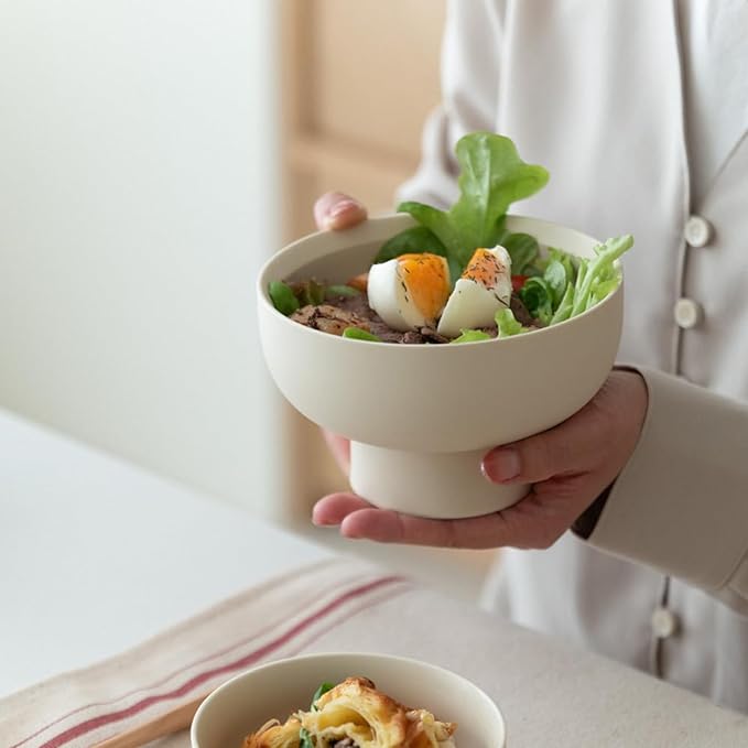 WENSHUO High-foot Deep Fruit Bowl, Ceramic Pedestal Decorative Bowl, Round Bowl for Salad, 5.5" Small Size, Matte Crème (Coconut Café, 5.5")