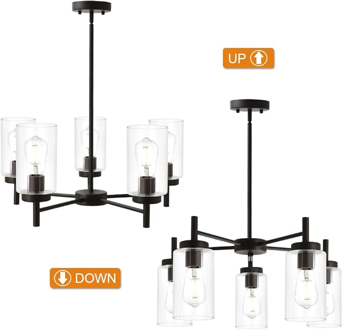 VINLUZ Contemporary 5-Light Large Chandeliers Oil Rubbed Bronze Modern Lighting Fixtures Hanging Clear Glass Shades Pendant Lighting for Dining Room Living Room Kitchen