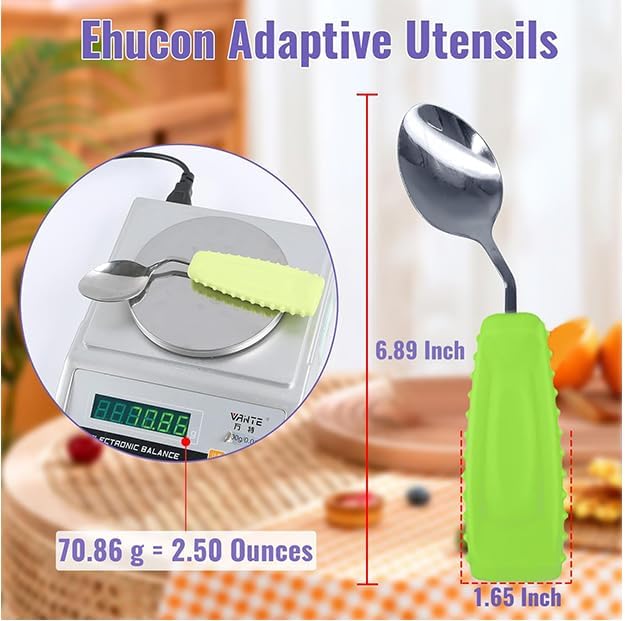 Adaptive Utensils Angled Spoon and Fork for Hand Tremors Parkinsons,Weighted Utensils with Non-Slip Easy Grip Handles for Independent Eating (1pcs Spoon+1pcs Fork=2 pcs,Green,Right Hand)
