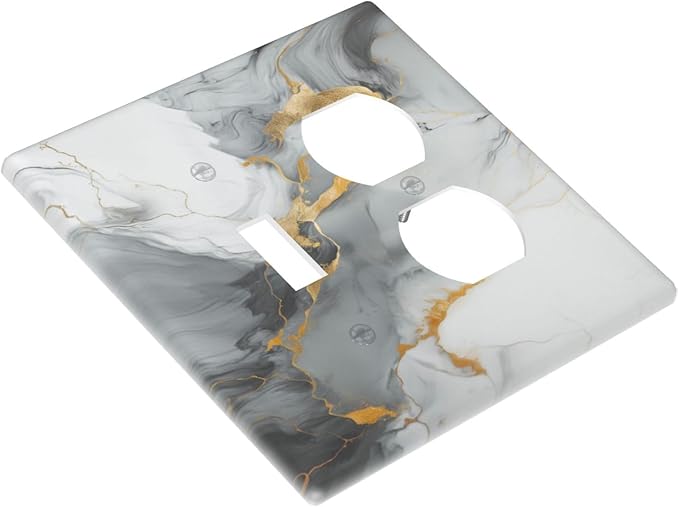 Light Switch Cover Plate Gray/Gold Marble Abstract Modern Luxury 2 Gang Decorative Switch Plates 1 Toggle Duplex Combo Outlet Covers GFCI Wall Plates for Bathroom Bedroom Decor