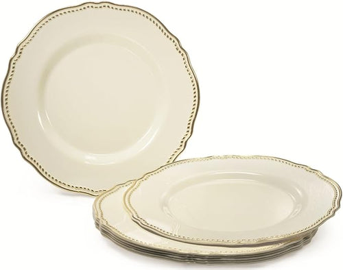 " OCCASIONS " 50 Plates Pack (25 Guests)-Heavyweight Wedding Party Disposable Plastic Plate Set -25 x 10.25'' Dinner + 25 x 7.5'' Salad/dessert plates (Rochelle Ivory and Gold)
