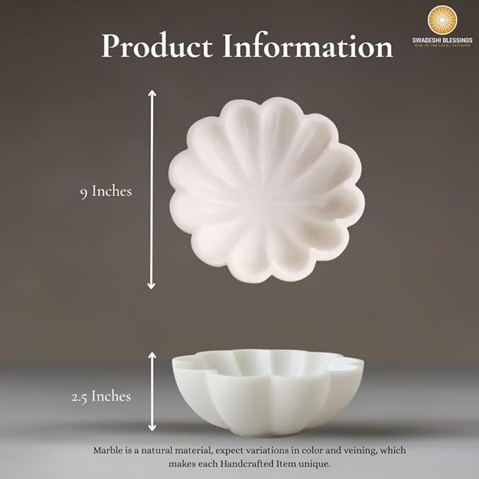 SWADESHI BLESSINGS HandCrafted Marble Decorative Bowl | White Ruffle Scalloped Fluted Key/Fruit Ring Dish | Organic Modern Home Decor (9 Inches)