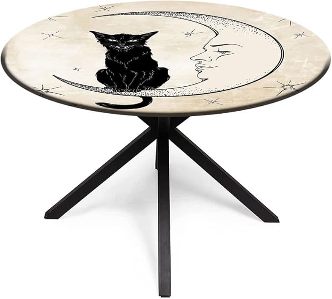 Polyester Tablecloth, Moon Waterproof Oil-Proof PVC Table Cloth, Black Cat Sitting on White Crescent Moon, Fit Round Tables 56inch Diameter, for Holiday Dining Table/Dinner/Party, Sand Brown Black