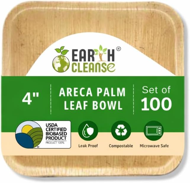 4" Areca Palm Leaf Square Bowls Compostable Biodegradable Eco-Friendly Bowls Natural Disposable Bowls, Perfect for Picnic Catering, Dessert, and Wedding (Pack of 100)