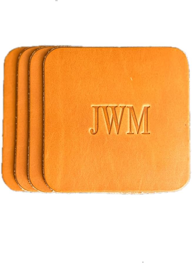 Ox & Pine Personalized Leather Coaster - Sold Individually or in Sets of 4 - Customize Inscription - 100% Full-Grain Leather – 4" Round or 4" Square (Square, Harvest, Set of 4 Coasters)