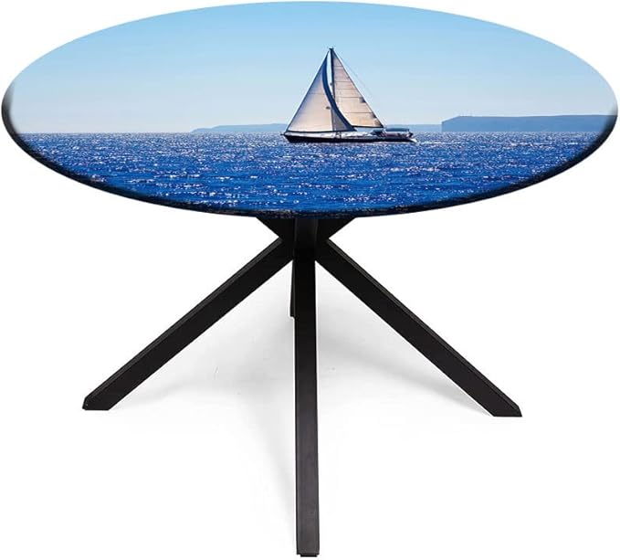 Small Round Tablecloth, Ocean Washable Polyester Table Cloth for, Blue Mediterranean Sailboat Sailing in Round Tables 32inch Diameter, for Holiday Dining Table/Dinner/Party, Blue