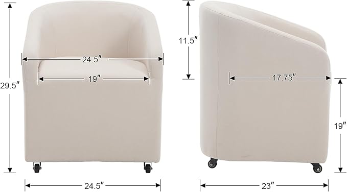 Modern Barrel Dining Chairs with Rolling Casters Set of 2, Upholstered Linen Swivel Dining Room Chairs with Wheels for Kitchen Living Room Home Office, Beige