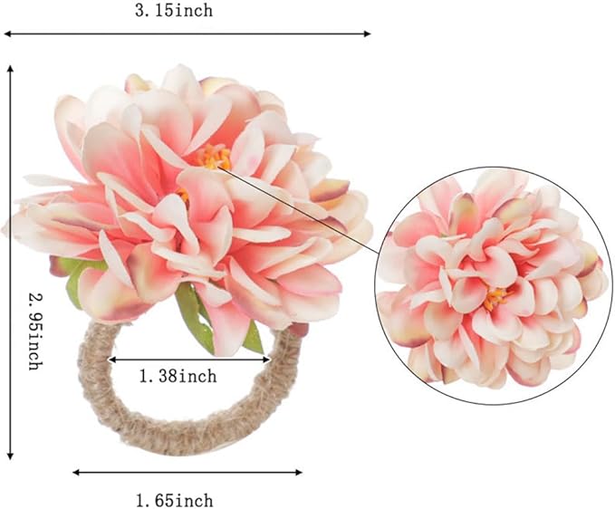 Floral Napkin Rings Set of 6,Rustic Rose Napkin Rings Flower Dinner Napkin Holder for Table Decoration (34#Pink)