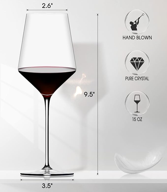 Red Wine Glasses Set of 2, Premium Crystal Wine Glasses Hand Blown, 15 oz,Thin Rim,Long Stem,Perfect for Red or White, Daily Use,Unique Wedding Anniversary Birthday or Birthday Gift