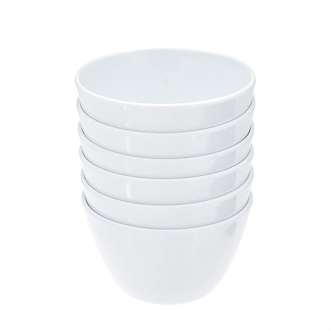 Amazon Basics Round Melamine Bowl, 8 oz, White, 6 Piece Set, Do not microwave