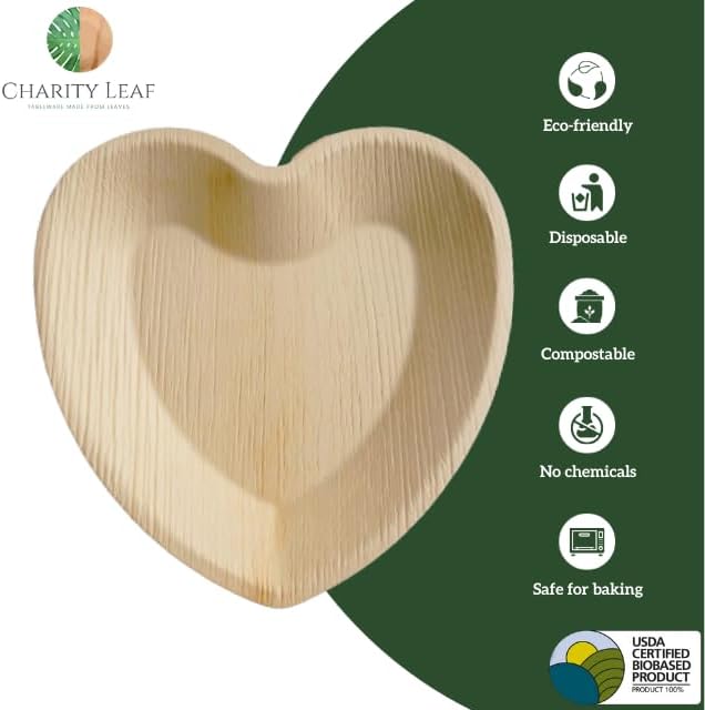 Charity Leaf Disposable Palm Leaf 8" Heart Plates (50 pieces) Bamboo Like Serving Platters, Disposable Boards, Eco-Friendly Dinnerware For Weddings, Catering, Events
