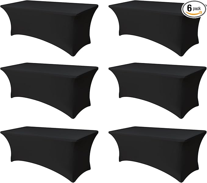Spandex Table Cover for 6 foot Rectangle Tables-6 Pack Fitted Stretch Black Tablecloth-Elastic 6ft Folding Tablecloths for Party, Vendor Booth Display, Banquet Buffet Event, Craft Trade Show