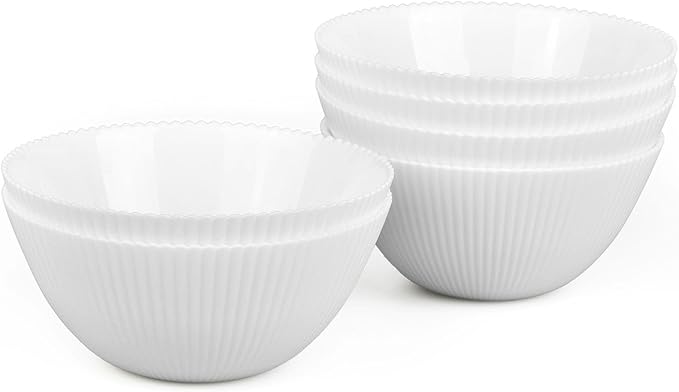 20 OZ Max White Opal Glass Cereal Bowl Set of 6, 6 inch Dishwasher & Microwave Safe Round Ribbed Bowls for Kitchen, Salad, Soup and Rice