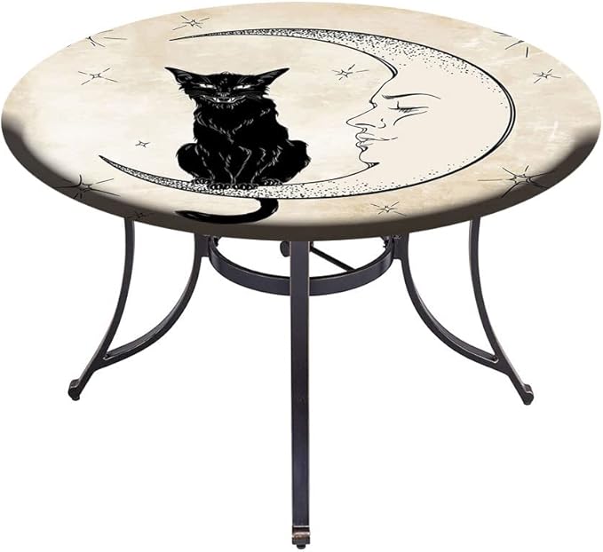Round Tablecloth, Moon Tablecloth for Side Table, Black Cat Sitting on White Crescent Moon, Fit Round Tables 32inch Diameter, for Outdoor Indoor Use, Sand Brown Black