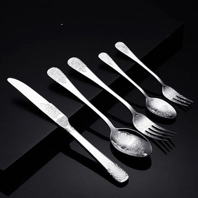 IKXO Silverware Set 50 Piece Silver Flatware Set for 10,Stainless Steel Flatware Cutlery Set For Home Hotel, Kitchen Utensils Set Include Fork Knife Spoon,Mirror Polished,Dishwasher Safe