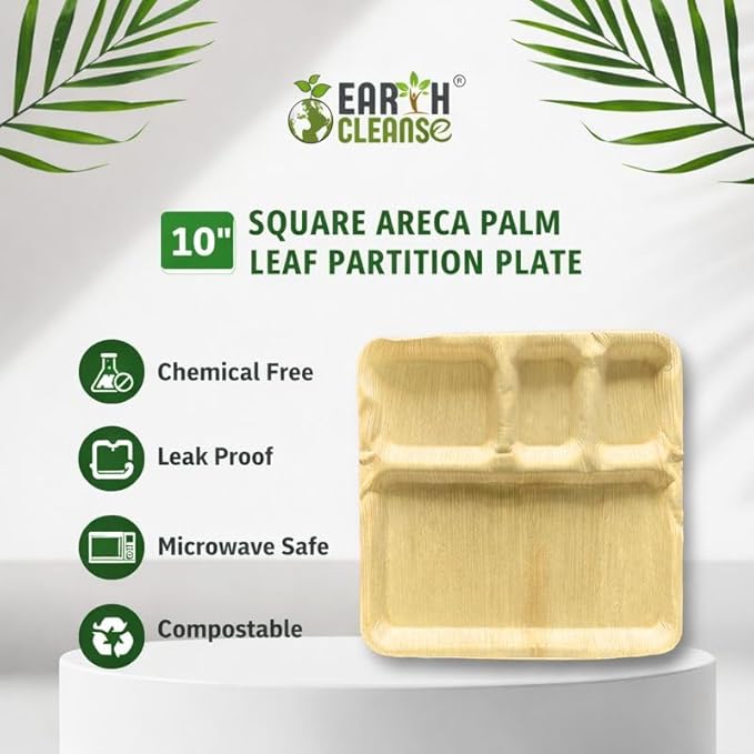 Areca Palm Leaf 10-Inch Square Compartment Plates (200 Count) – 100% Compostable, Biodegradable Like Bamboo Plates | Eco-Friendly Disposable Dinnerware | Microwave & Oven Safe