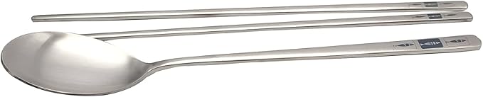 SUPIA Korean Traditional Cutlery Stainless Steel Spoons and Chopsticks Set Tableware with Long-hand, Reusable (Silver Fish)