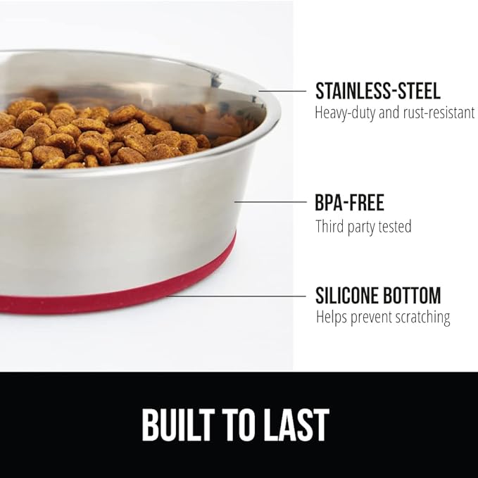 GORILLA GRIP Dog Bowl, Holds 4 Cups (32 fl oz), Heavy Duty Metal Food and Water Bowl for Feeding Dogs and Cats, Easy Clean, Dishwasher Safe, Rust Resistant Stainless Steel, BPA Free Rubber Base, Red