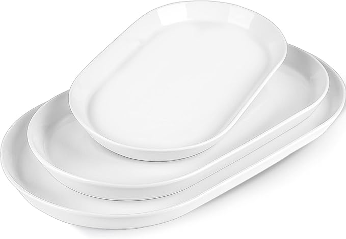 Large Serving Platter - 16"/14"/12" Oval Serving Tray, Ceramic Turkey Platters for Entertaining, Christmas Party, Set of 3, White