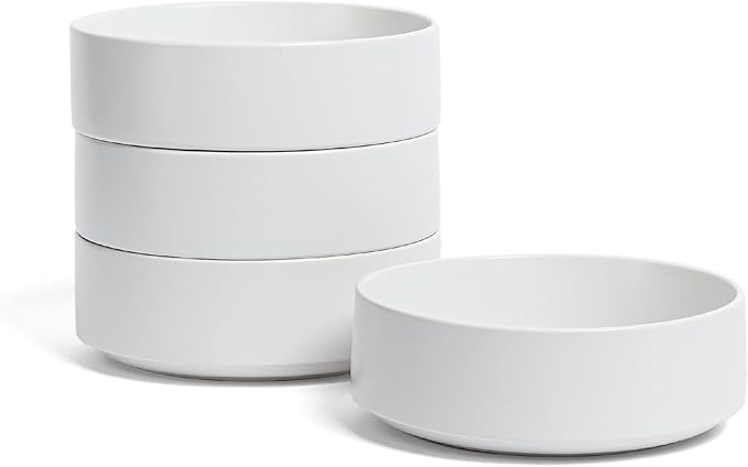over&back Stackable Cereal Bowl Set - Stoneware Dishes - Comes with 4 Cereal Bowls - Easy-to-Stack Breakfast Place Settings - 6.2" x 6.2" x 2.2" - 25oz - Semi-Matte White