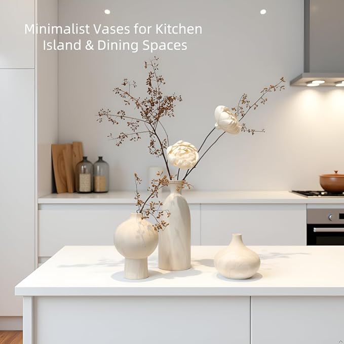 White Ceramic Vase Set of 3 in Beige, Modern Aesthetic Stone-Look Textured Pottery Vases for Shelf & Bookshelf Home Decor, Neutral Minimalist Decorative Vases for Flowers & Pampas Grass