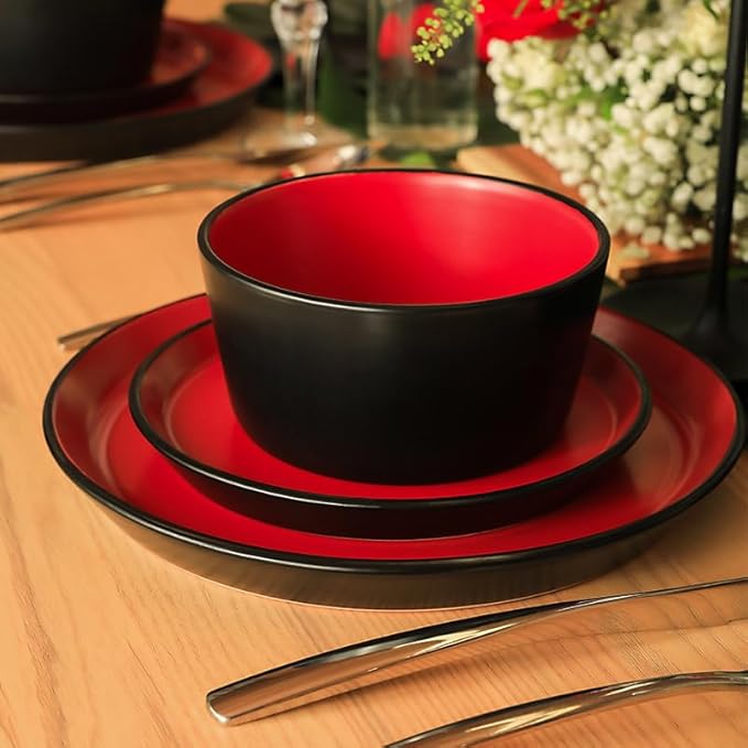 SERVICE FOR 4 - Total of 16 pieces including 8 dinner plates (10”), 4 salad plates (7.5”), 4 bowls (5.75”), and 4 mugs (12 oz), making it the perfect set to service 4 people