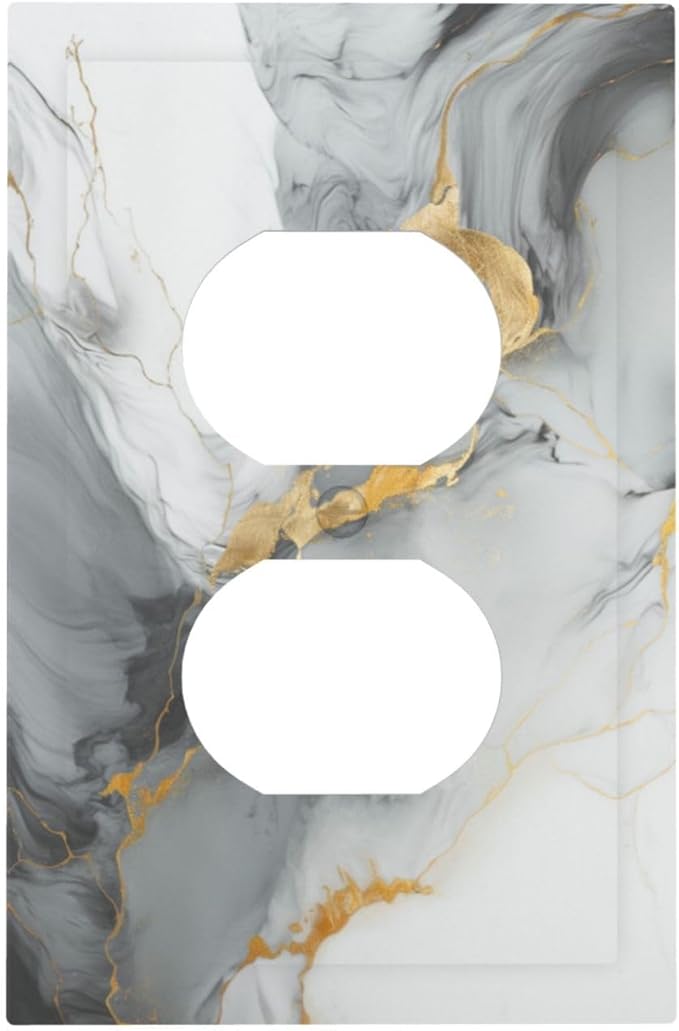 Outlet Covers Gray/Gold Marble Abstract Modern Luxury 1 Gang Duplex Light Switch Cover Plate Decorative Wall Plates Electrical Switchplate Receptacle for Bathroom Bedroom Decor（2 Pack）
