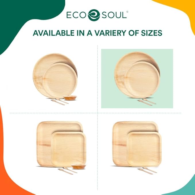 ECO SOUL 100% Compostable Palm Leaf Dinnerware Set of 250 For 50 Guests [10", 6" Round plates, Fork, Knife, Spoon, 50 Count each] | Biodegradable Disposable Utensils for Wedding, Parties, BBQ