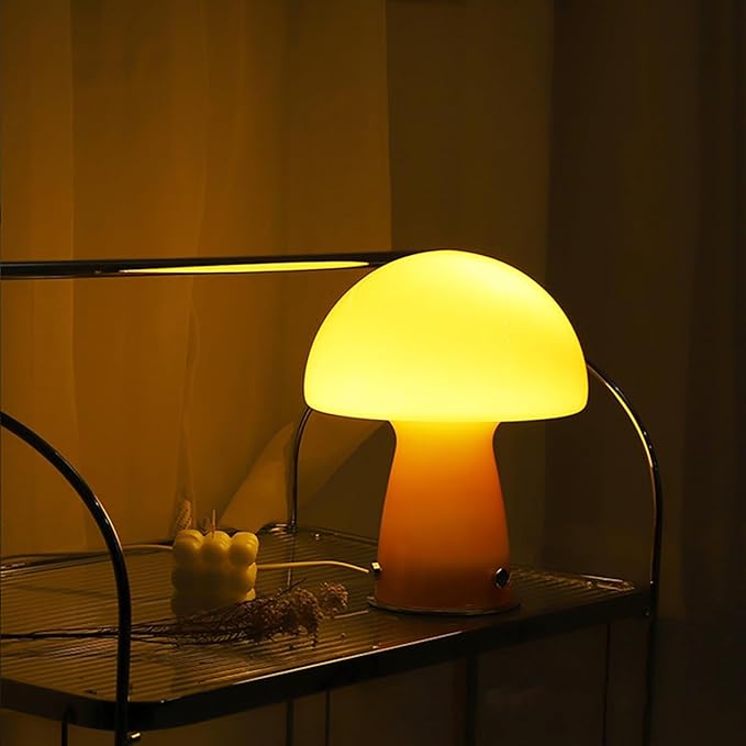 Cute Mushroom Lamp with Glass Lampshade,Small Orange Table Lighting,3000K Warm Light Led Bedside Lamp,Mid Century Modern Desk Light for Living Room Bedroom