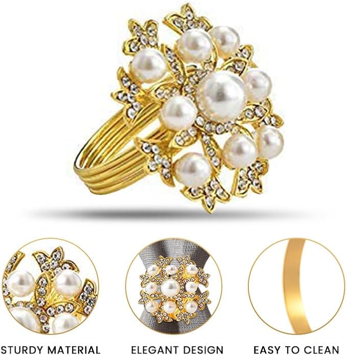 Decozen Set of 4 Gold Napkin Rings with Pearl Design, Festive, Table Decor Setting for Holiday, Wedding, Birthday, Kitchen, Home Decor, Housewarming Gift - Thanksgiving & Christmas Gift Decoration