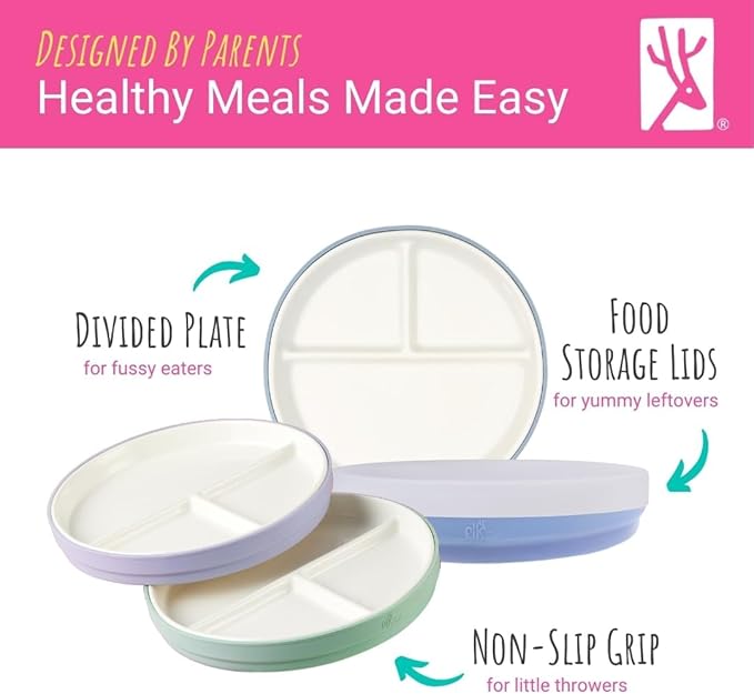 Elk and Friends Kids 6.7” Porcelain Divided Plates with Silicone Sleeves + Silicone Lids | Suitable for Babies/Kids/Toddlers | Microwave & Dishwasher Safe | Non Slip | Snack Dishes