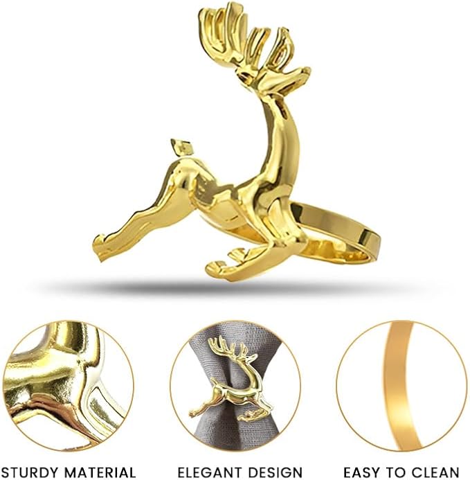 Decozen Set of 4 Gold Napkin Rings in Stag Design Festive Table Decor Setting for Holiday Wedding, Birthday, Kitchen, Home Decor Housewarming Gift - Thanksgiving & Christmas Gift Decoration