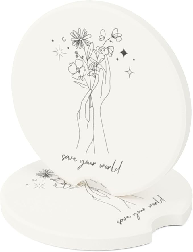 Absorbent Soapstone Car Coaster, Save Your World, Minimalist Black and White Floral Design, Ceramic Coaster
