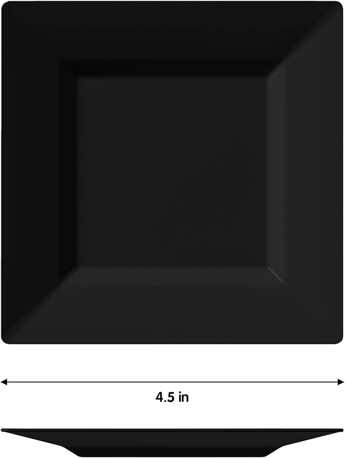 Exquisite Mini Disposable Appetizer Plates - 100 Pack 4.5 In. x 4.5 In. Black Plastic Dessert Plates - Elegant Design for Weddings, Birthdays, and Formal Parties - Stackable and Convenient - BPA Free