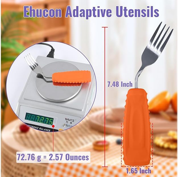 Adaptive Utensils Angled Spoon and Fork for Hand Tremors Parkinsons,Weighted Utensils with Non-Slip Easy Grip Handles for Independent Eating (1pcs Spoon+1pcs Fork=2 pcs,Orange,Left Hand)