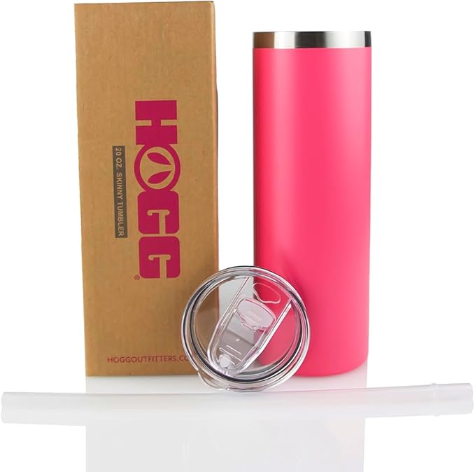 Hogg 20 oz Skinny Case (24 Units) - Pink, Powder Coated Tumblers for Laser Engraving, Engravable Tumblers Bulk, Stainless Steel Cups Bulk, Insulated Cups with Lids and Straws