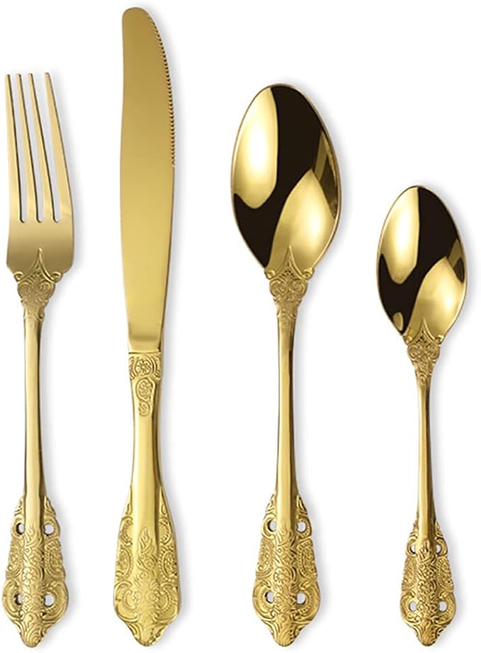 Vintage Gold Silverware Flatware Set for 10, European Classic Style 40 Pieces Stainless Steel Tableware Cutlery Set,Fine Kitchen Utensils for Wedding Restaurant Hotel Christmas