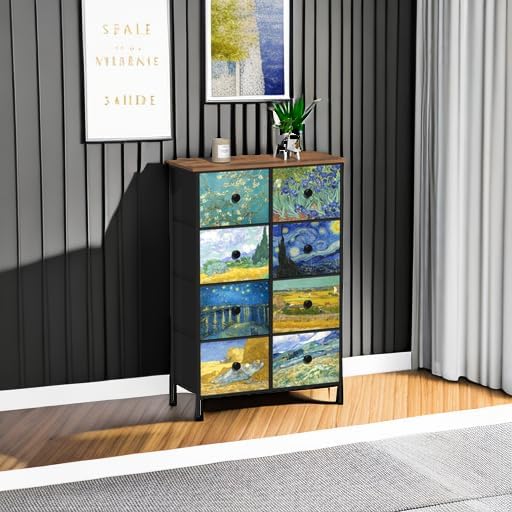 EXOTICA Tall Dresser with 8 Drawer for Bedroom Narrow Van Gogh Chest of Drawers for Hallway Closet Living Room Steel Frame Rustic Brown Wood Grain Wood Top