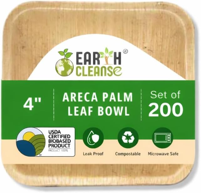4" Areca Palm Leaf Square Bowls Compostable Biodegradable Eco-Friendly Bowls Natural Disposable Bowls, Perfect for Picnic Catering, Dessert, and Wedding (Pack of 200)