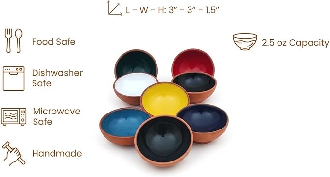 Terracotta Pinch Bowls Set of 8 – Small Ceramic Prep Bowls for Spices, Sauces & Dips – Mini Dipping Bowl for Kitchen Prep, Serving & Charcuterie – Colorful Handmade-Style Bowl