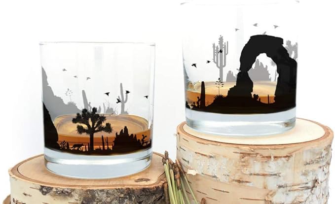 Black Lantern Desert Landscape Whiskey Glasses - Hand-Printed Rock Glass Set - Dishwasher Safe Tumbler Glass Set Set of 2 11oz. Glasses