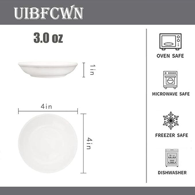 UIBFCWN 3 Oz Ceramic Dipping Bowls, Soy Sauce Dishes Set of 4, Dipping Sauce Cups/Bowls/Dishes for Kitchen, Mini Appetizer Plates for Condiment Sushi Ketchup BBQ Party, 4 Inch