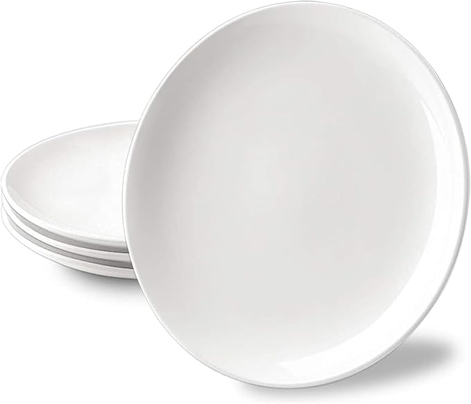 DELLING 10 inch White Dinner Plates Set, Porcelain Dessert/Salad Plate, Serving Dishes, Dinnerware Sets, Scratch Resistant, Lead-Free, Microwave, Oven, and Dishwasher Safe - Set of 4