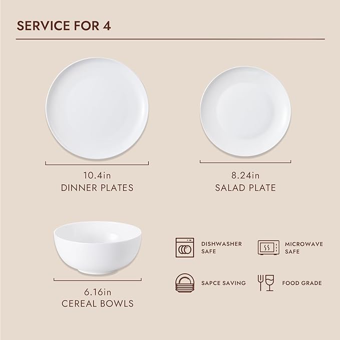 KINGSTONE 12-Piece Bone China Dinnerware Set for 4, Lightweight and Durable, Microwave and Dishwasher Safe, White Plates and Bowls for Everyday Use