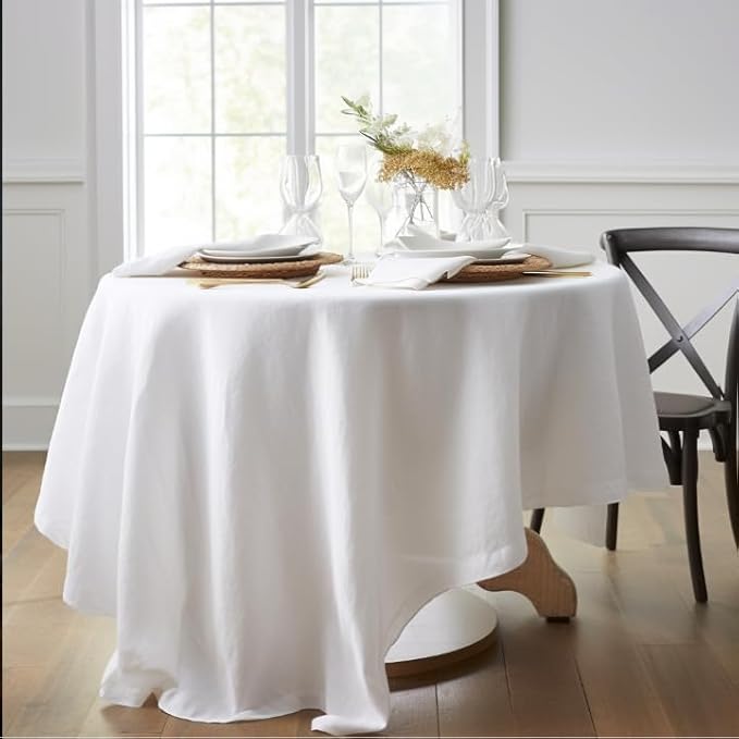 EVERLY 100% Pure Linen Round Tablecloths 108Inch Round Machine Washable Tablecloth for Thanksgiving,Decorative Halloween,Buffet Parties,Picnic,Events,Weddings and Restaurants-White